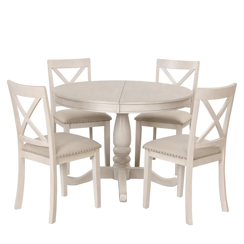 Ensemble de salle à manger vintage 5 pièces en bois avec table ronde extensible et 4 chaises