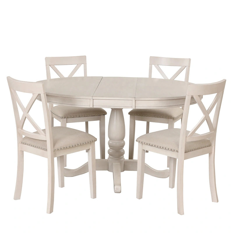 Ensemble de salle à manger vintage 5 pièces en bois avec table ronde extensible et 4 chaises