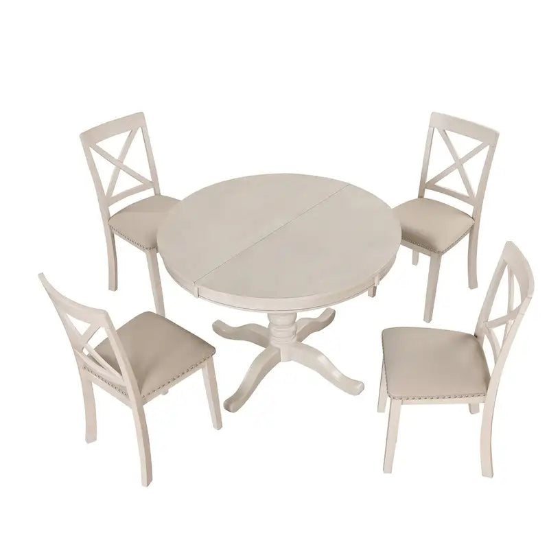 Ensemble de salle à manger vintage 5 pièces en bois avec table ronde extensible et 4 chaises