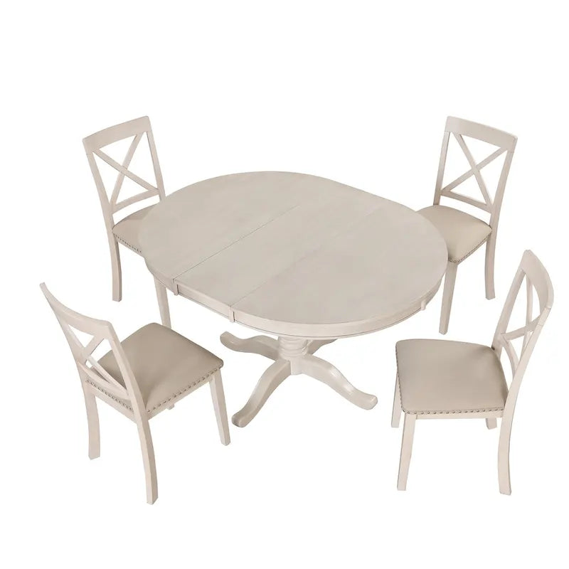 Ensemble de salle à manger vintage 5 pièces en bois avec table ronde extensible et 4 chaises
