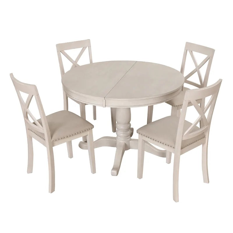 Ensemble de salle à manger vintage 5 pièces en bois avec table ronde extensible et 4 chaises