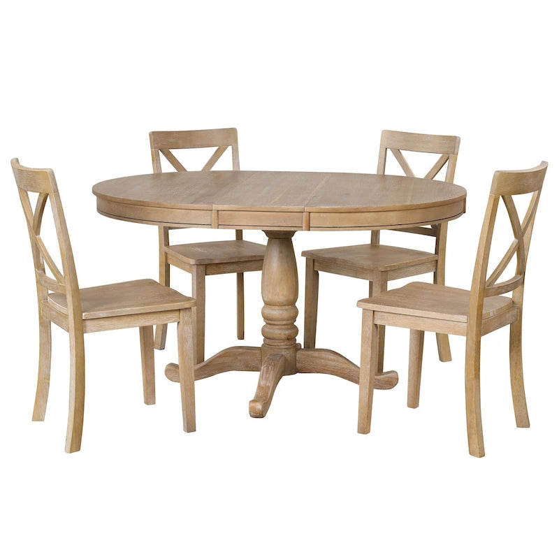 Ensemble de salle à manger vintage 5 pièces en bois avec table ronde extensible et 4 chaises