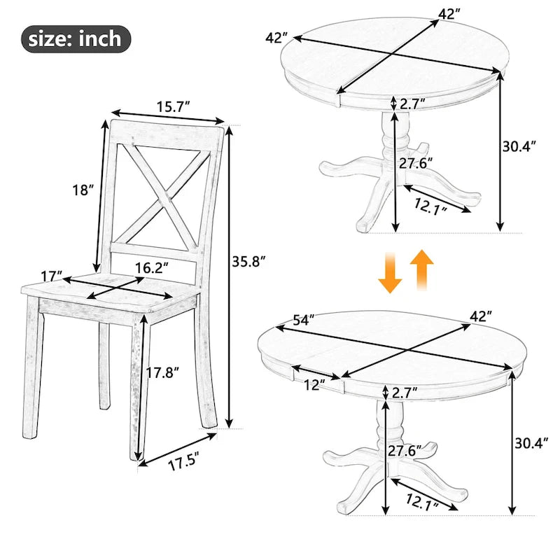Ensemble de salle à manger vintage 5 pièces en bois avec table ronde extensible et 4 chaises