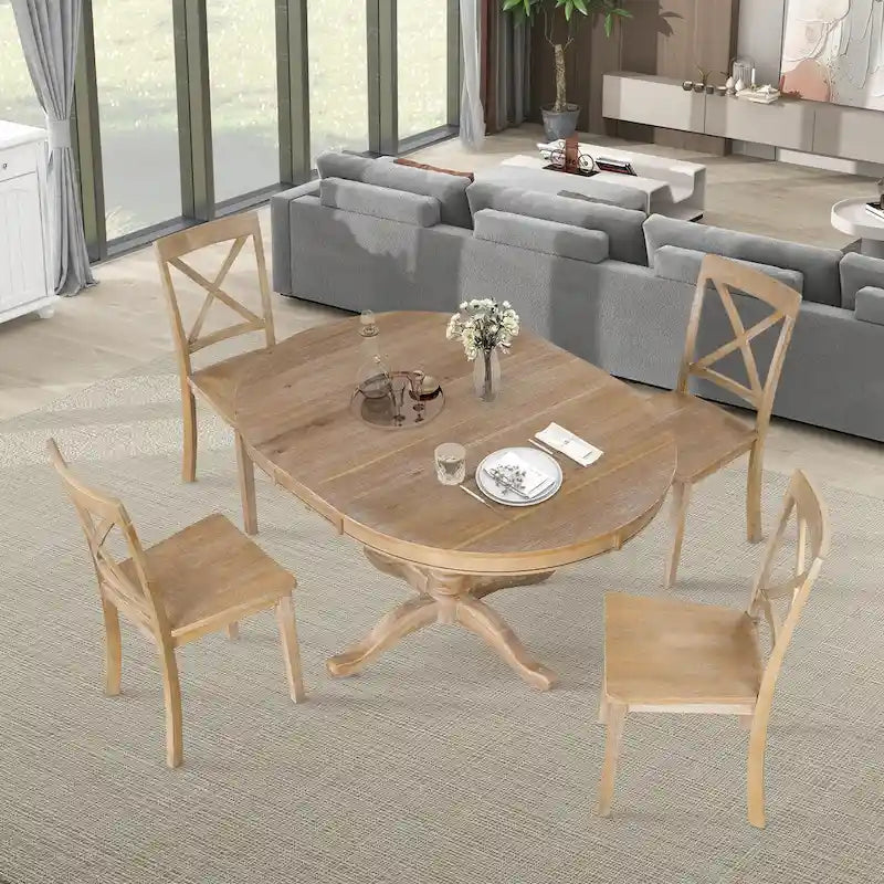 Ensemble de salle à manger vintage 5 pièces en bois avec table ronde extensible et 4 chaises