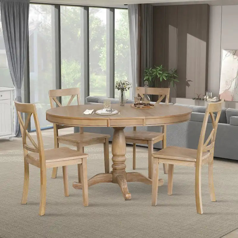 Ensemble de salle à manger vintage 5 pièces en bois avec table ronde extensible et 4 chaises