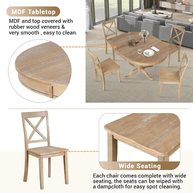 Ensemble de salle à manger vintage 5 pièces en bois avec table ronde extensible et 4 chaises