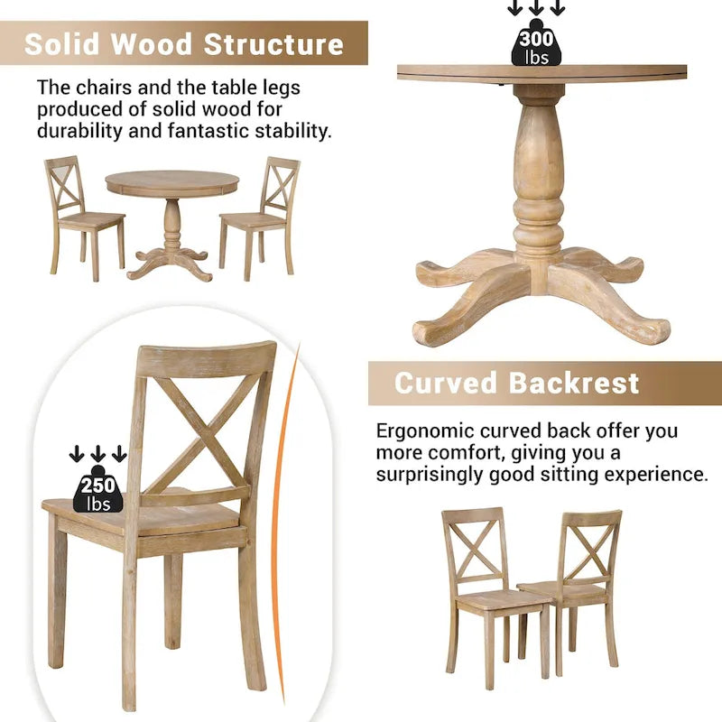 Ensemble de salle à manger vintage 5 pièces en bois avec table ronde extensible et 4 chaises