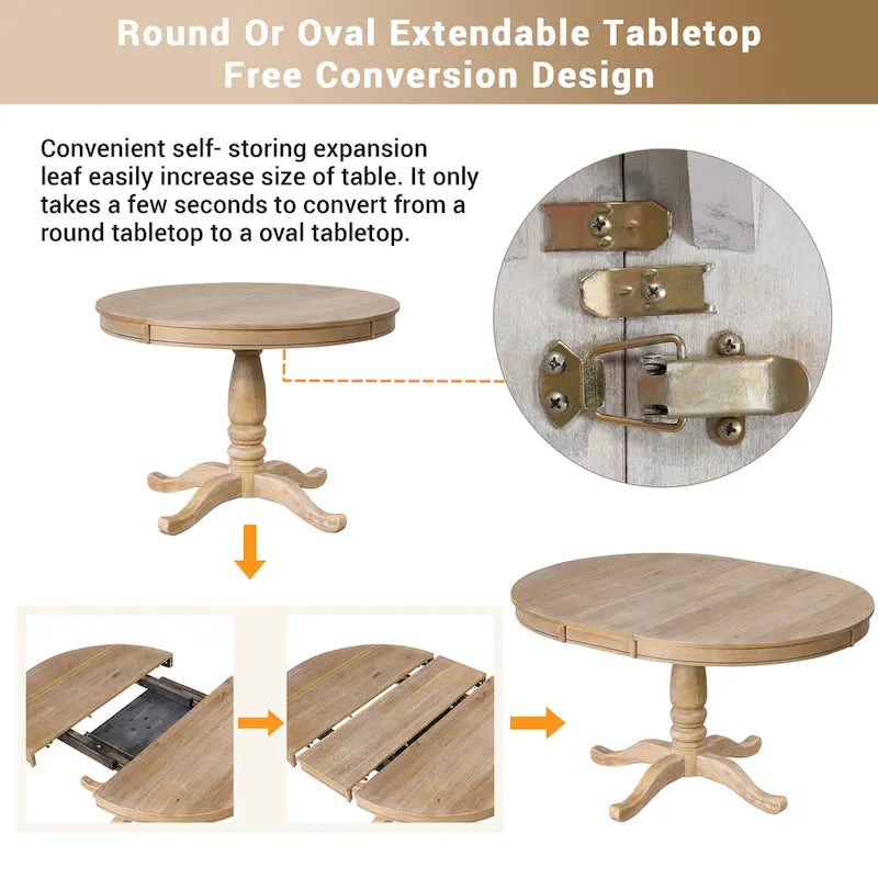 Ensemble de salle à manger vintage 5 pièces en bois avec table ronde extensible et 4 chaises