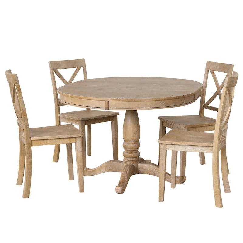 Ensemble de salle à manger vintage 5 pièces en bois avec table ronde extensible et 4 chaises