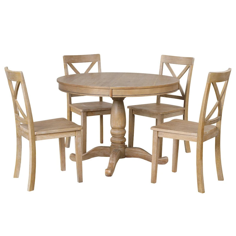 Ensemble de salle à manger vintage 5 pièces en bois avec table ronde extensible et 4 chaises