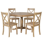 Ensemble de salle à manger vintage 5 pièces en bois avec table ronde extensible et 4 chaises