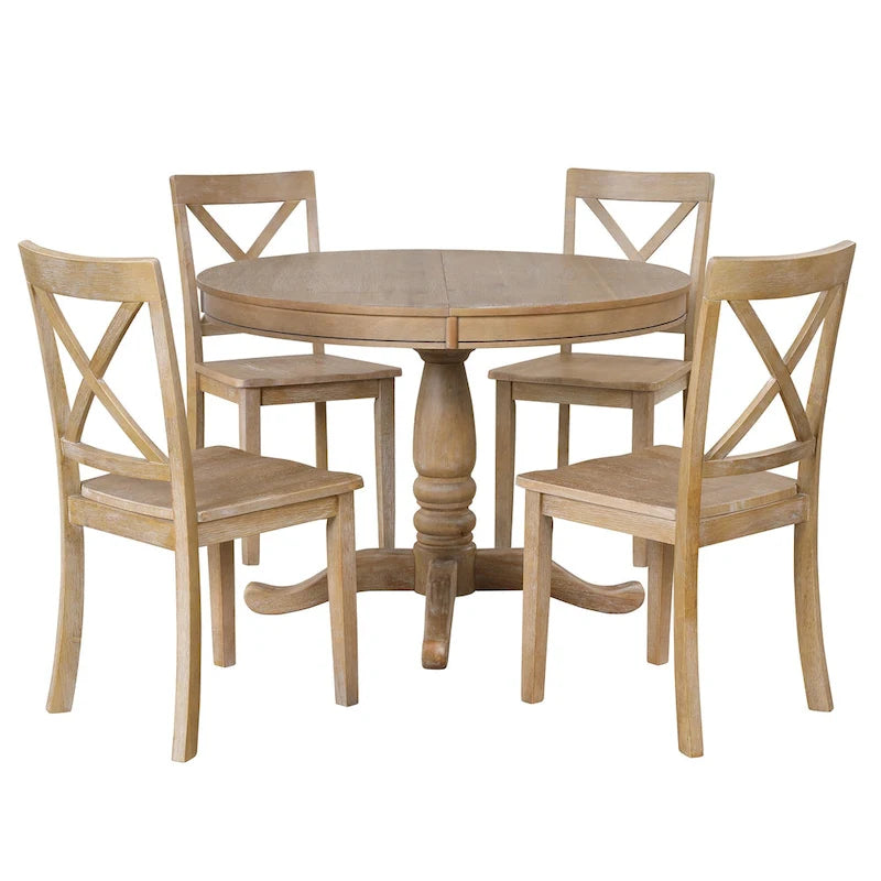Ensemble de salle à manger vintage 5 pièces en bois avec table ronde extensible et 4 chaises