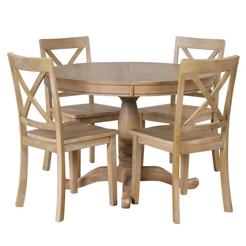 Ensemble de salle à manger vintage 5 pièces en bois avec table ronde extensible et 4 chaises