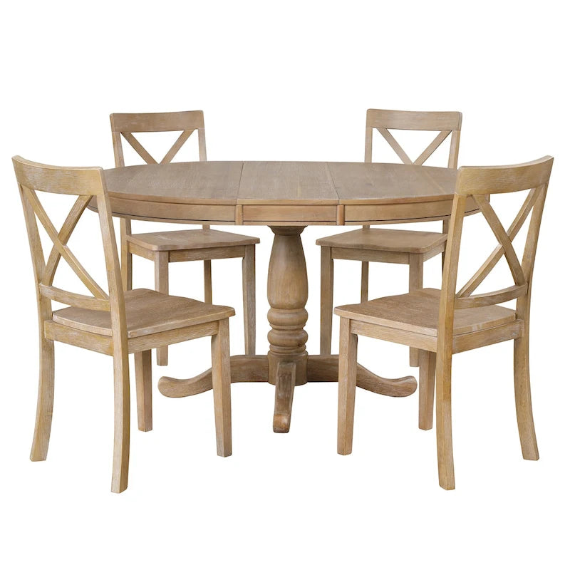Ensemble de salle à manger vintage 5 pièces en bois avec table ronde extensible et 4 chaises