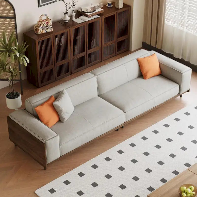 Canapé 4 places Mid-Century Modern, revêtement en coton et lin noyer, housses amovibles et lavables, coussins profonds avec oreillers