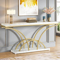 Table console de 180 cm de long pour entrée, table de canapé dorée avec plateau en faux marbre blanc