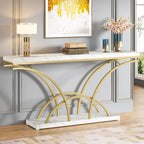 Table console de 180 cm de long pour entrée, table de canapé dorée avec plateau en faux marbre blanc