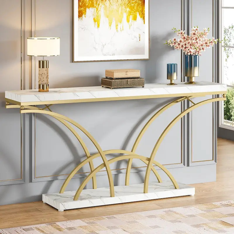 Table console de 180 cm de long pour entrée, table de canapé dorée avec plateau en faux marbre blanc