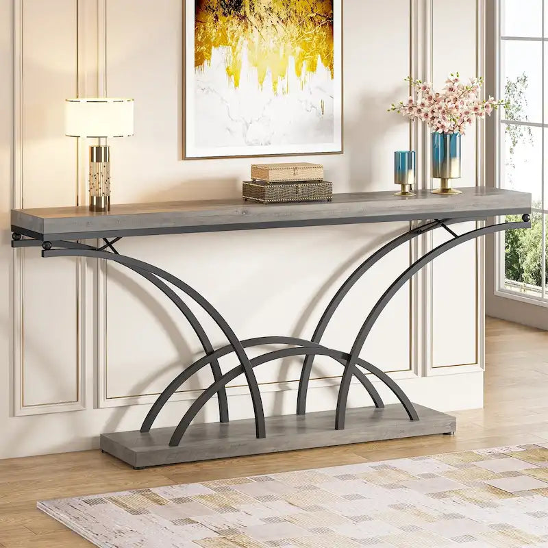 Table console de 180 cm de long pour entrée, table de canapé dorée avec plateau en faux marbre blanc