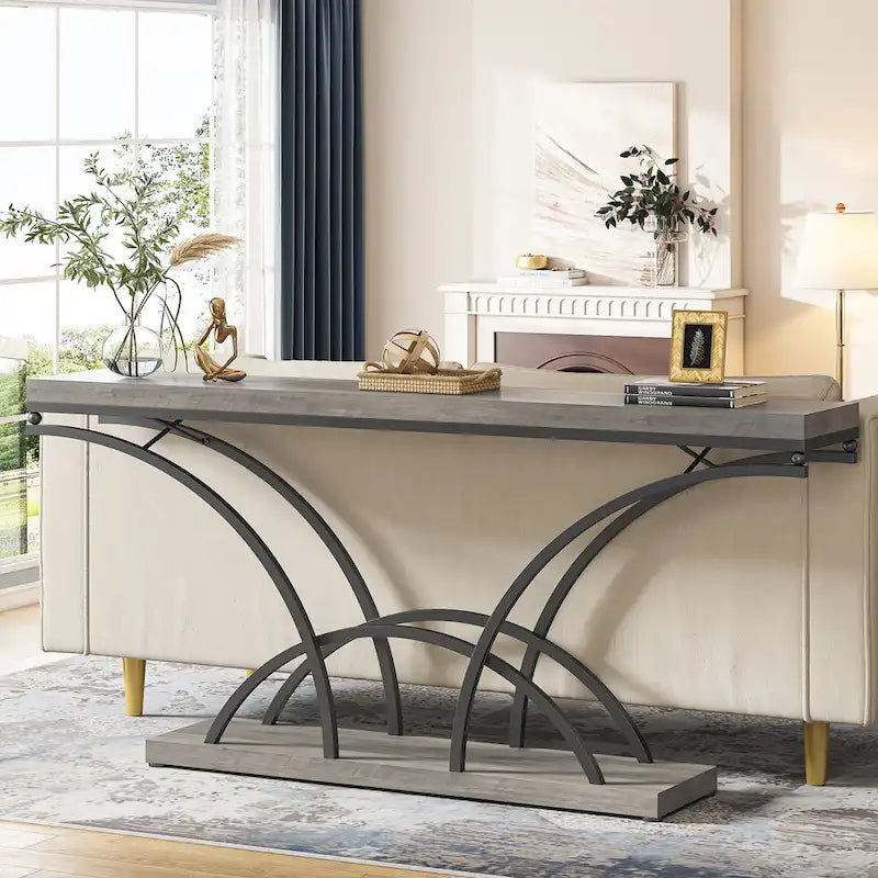 Table console de 180 cm de long pour entrée, table de canapé dorée avec plateau en faux marbre blanc
