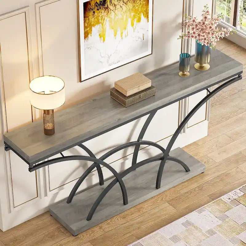Table console de 180 cm de long pour entrée, table de canapé dorée avec plateau en faux marbre blanc