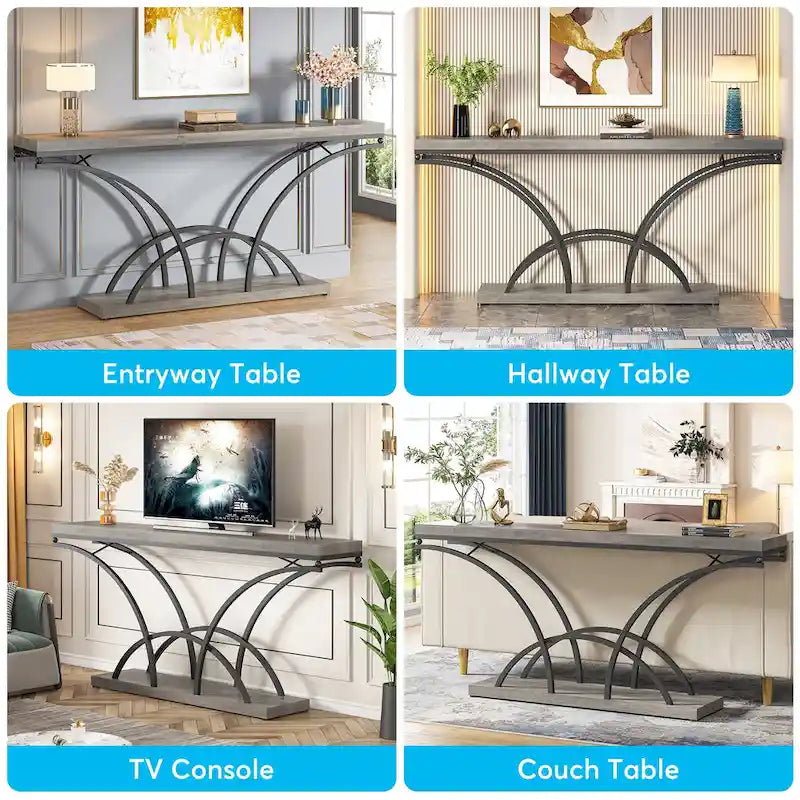 Table console de 180 cm de long pour entrée, table de canapé dorée avec plateau en faux marbre blanc
