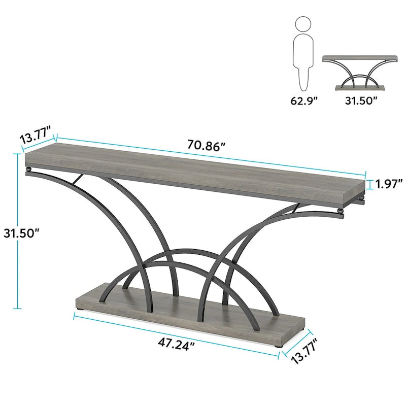 Table console de 180 cm de long pour entrée, table de canapé dorée avec plateau en faux marbre blanc