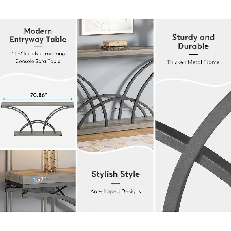 Table console de 180 cm de long pour entrée, table de canapé dorée avec plateau en faux marbre blanc