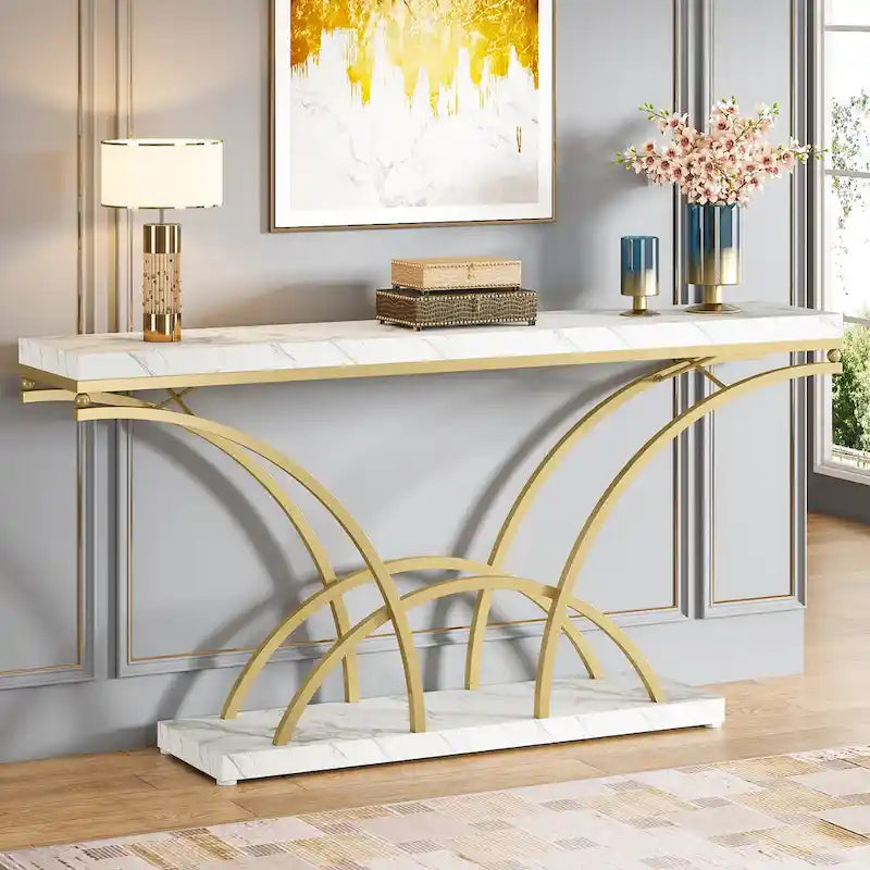 Table console de 180 cm de long pour entrée, table de canapé dorée avec plateau en faux marbre blanc