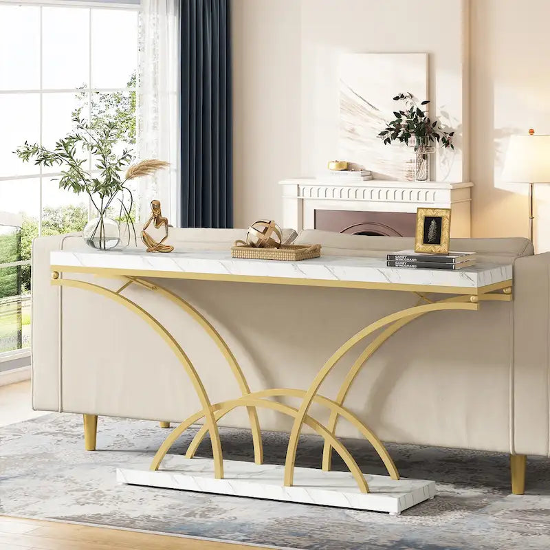 Table console de 180 cm de long pour entrée, table de canapé dorée avec plateau en faux marbre blanc