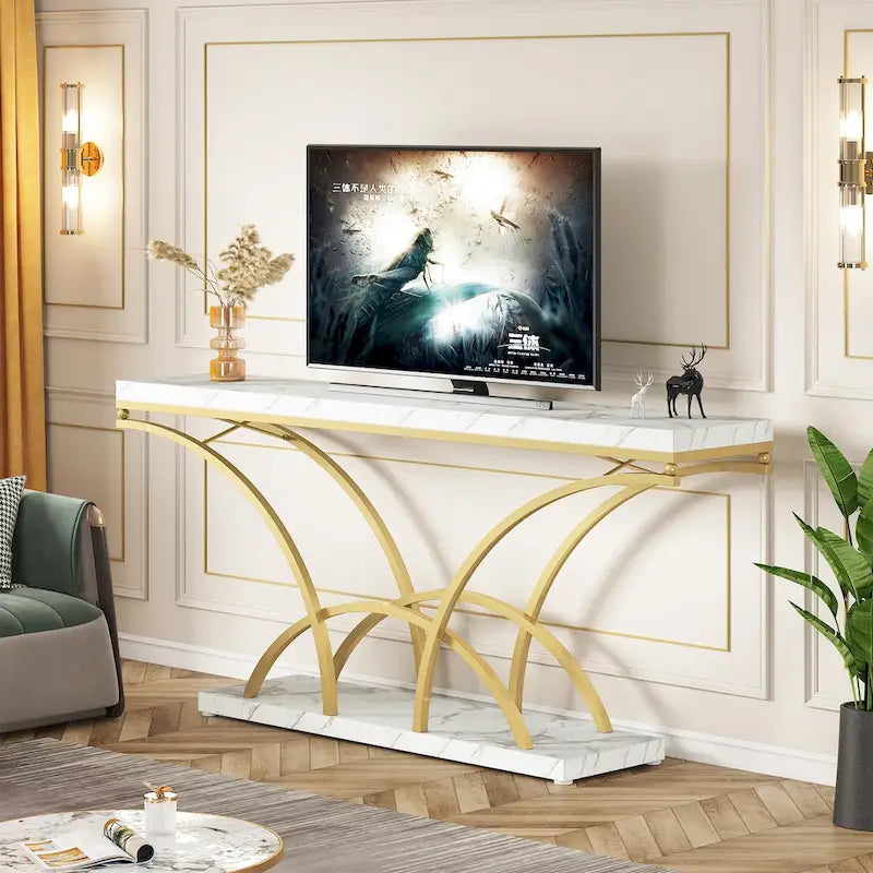 Table console de 180 cm de long pour entrée, table de canapé dorée avec plateau en faux marbre blanc