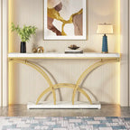 Table console de 180 cm de long pour entrée, table de canapé dorée avec plateau en faux marbre blanc