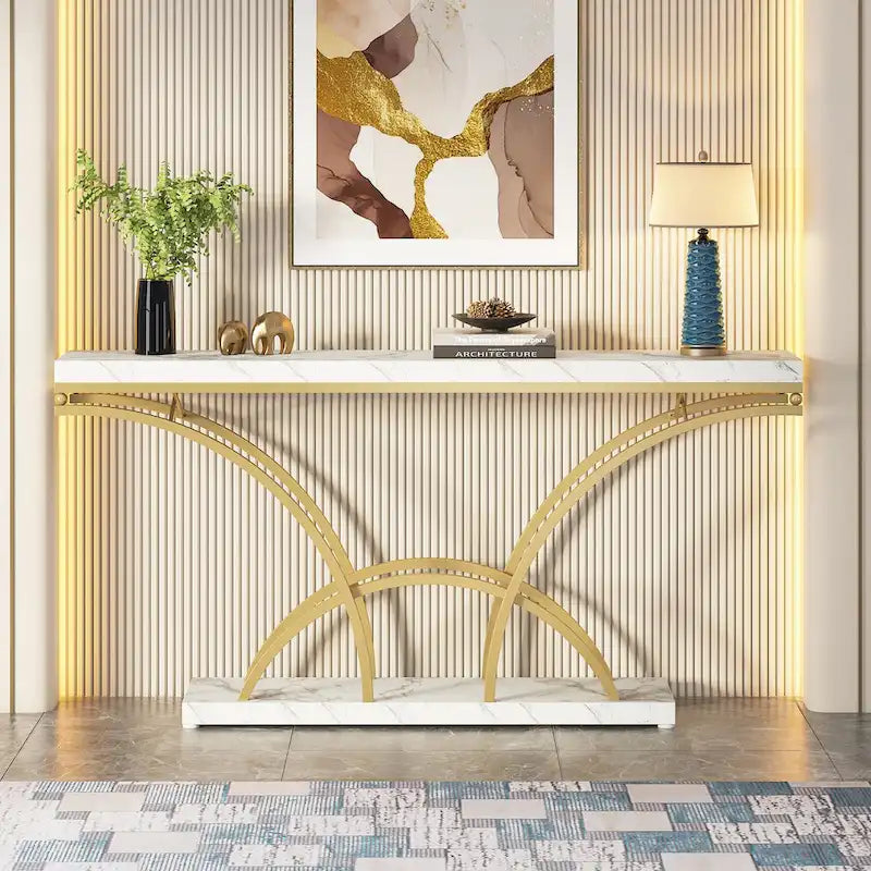 Table console de 180 cm de long pour entrée, table de canapé dorée avec plateau en faux marbre blanc