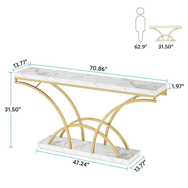 Table console de 180 cm de long pour entrée, table de canapé dorée avec plateau en faux marbre blanc