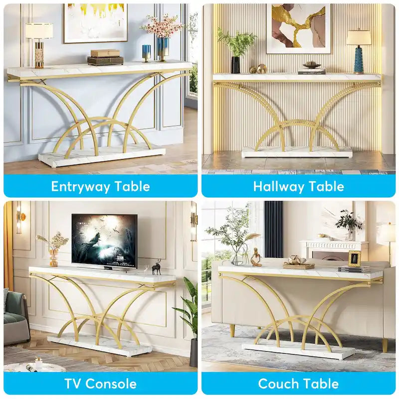 Table console de 180 cm de long pour entrée, table de canapé dorée avec plateau en faux marbre blanc