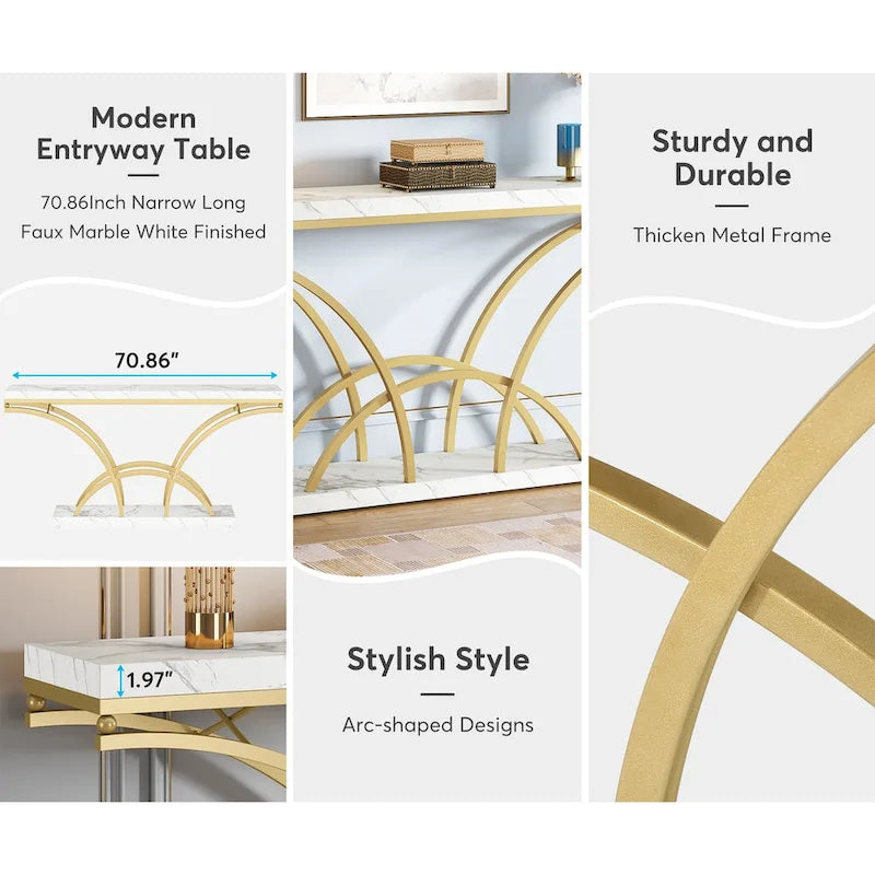 Table console de 180 cm de long pour entrée, table de canapé dorée avec plateau en faux marbre blanc