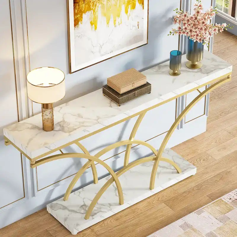 Table console de 180 cm de long pour entrée, table de canapé dorée avec plateau en faux marbre blanc