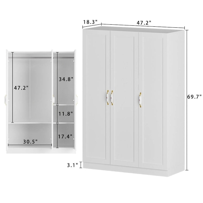 Armoire de 47,2 W avec trois portes, deux tringles à vêtements, poignée florale dorée
