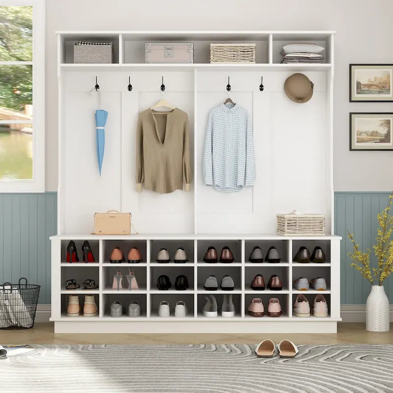 Grand meuble d'entrée avec porte-manteaux, banc à chaussures et rangement inférieur
