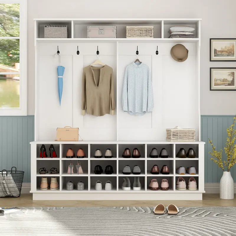 Grand meuble d'entrée avec porte-manteaux, banc à chaussures et rangement inférieur