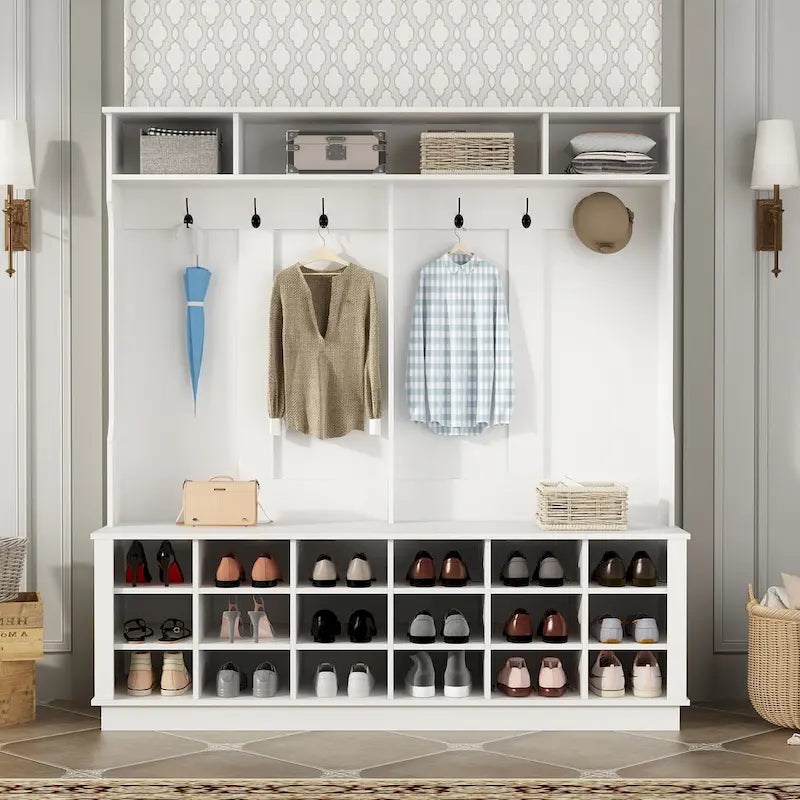 Grand meuble d'entrée avec porte-manteaux, banc à chaussures et rangement inférieur