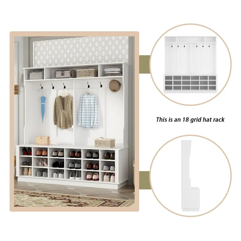 Grand meuble d'entrée avec porte-manteaux, banc à chaussures et rangement inférieur