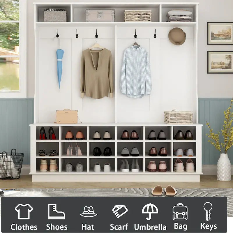 Grand meuble d'entrée avec porte-manteaux, banc à chaussures et rangement inférieur