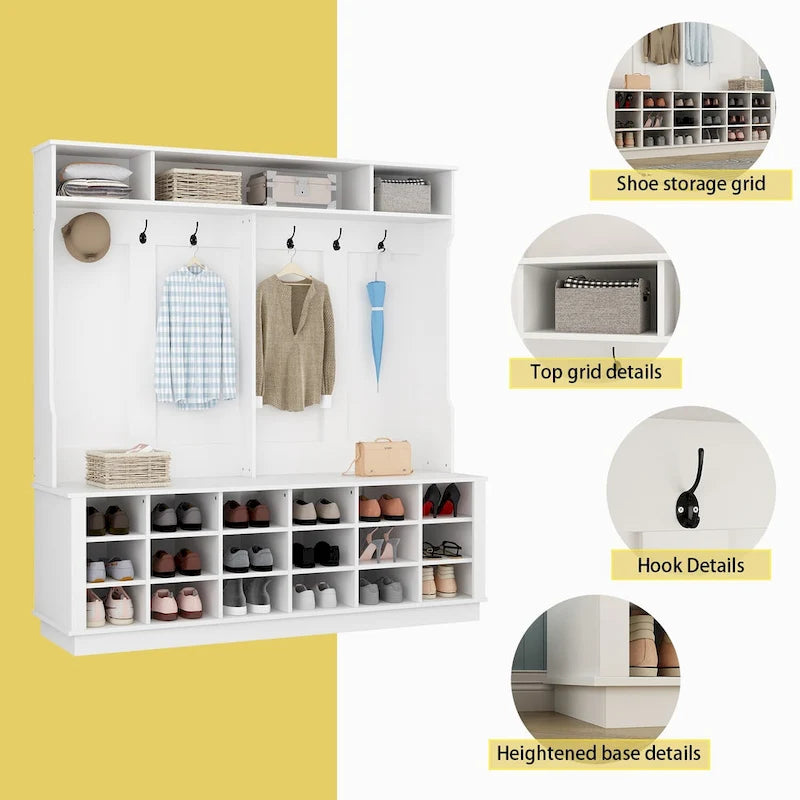Grand meuble d'entrée avec porte-manteaux, banc à chaussures et rangement inférieur