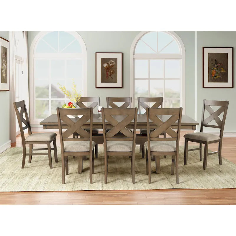 Ensemble de salle à manger 9 pièces, table à manger à tréteaux extensible avec 8 chaises, marron pin glacé
