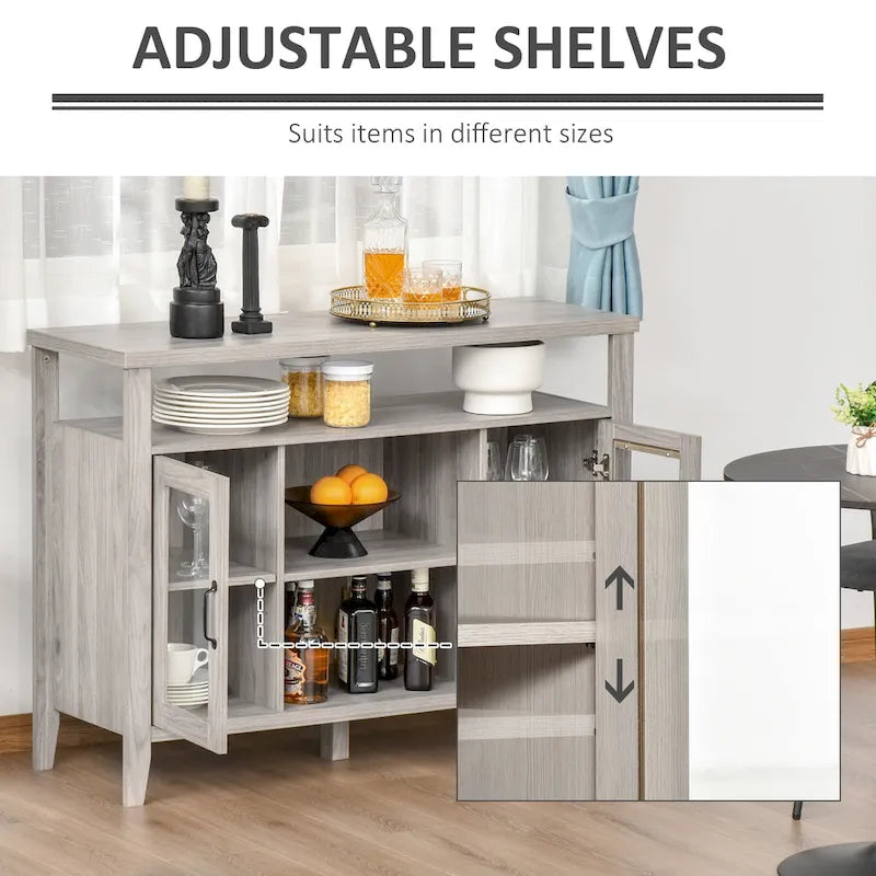 Buffet de ferme, meuble de bar à café avec étagères de rangement, meuble de cuisine avec 2 portes vitrées encadrées