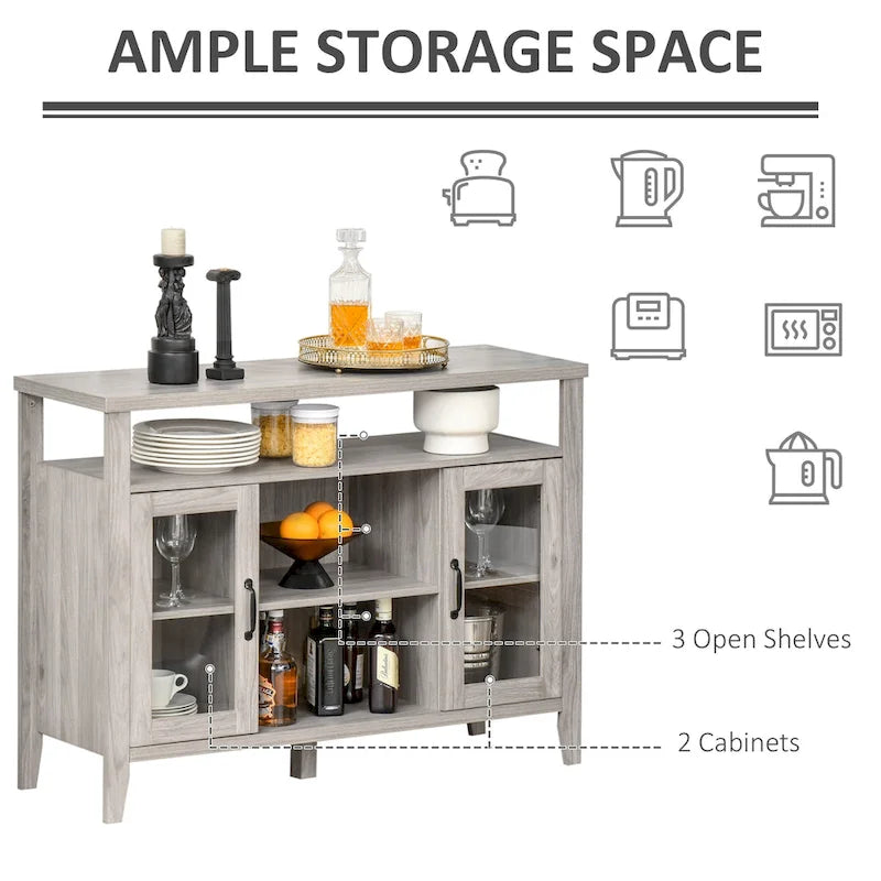 Buffet de ferme, meuble de bar à café avec étagères de rangement, meuble de cuisine avec 2 portes vitrées encadrées