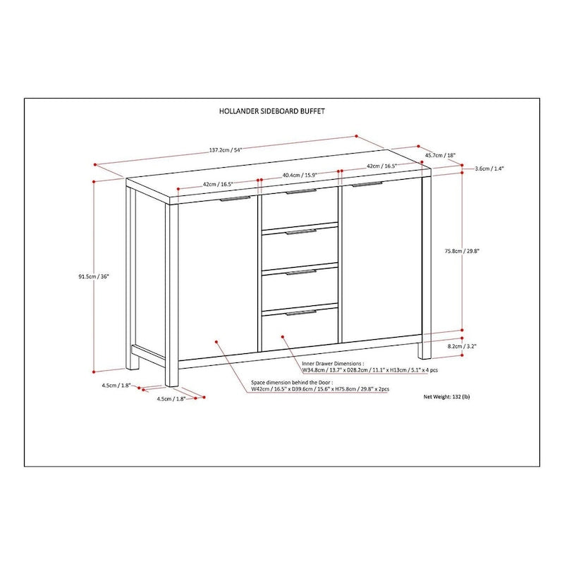 Buffet en bois massif contemporain de 54 po de largeur - 18P x 54L x 36H