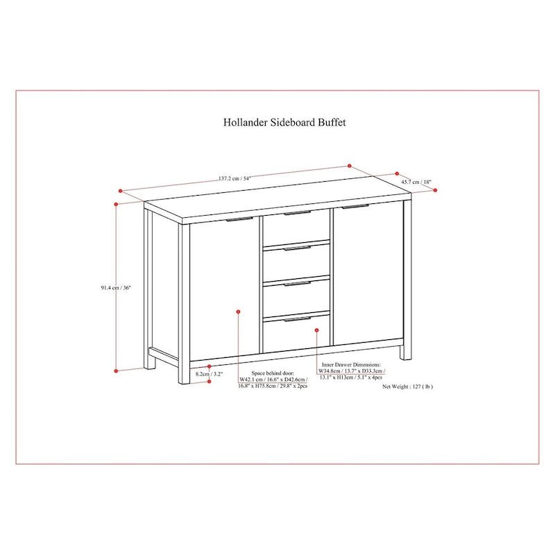 Buffet en bois massif contemporain de 54 po de largeur - 18P x 54L x 36H