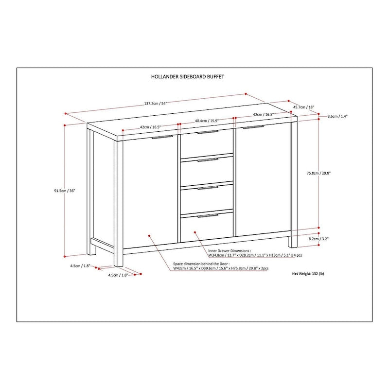 Buffet en bois massif contemporain de 54 po de largeur - 18P x 54L x 36H